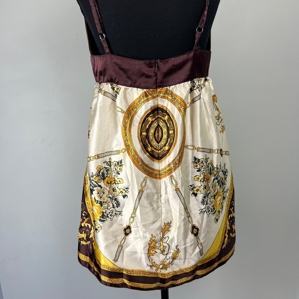 MKM Designs Brown Gold Baroque Scarf Print Top M Empire Waist Babydoll Glam Y2k - Picture 5 of 9